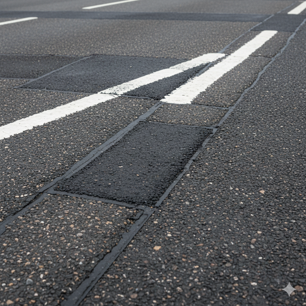 Close-up of asphalt road surface with rectangular patches and white painted lane markings.