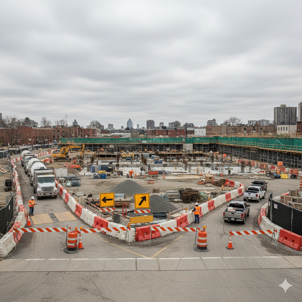 A wide view of a construction site with vehicles, traffic signs, and temporary barriers under an overcast sky.
