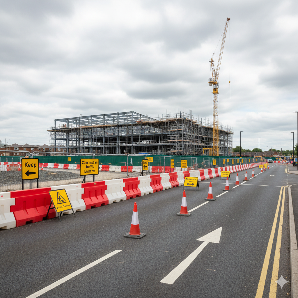 A construction site with a steel building frame and a tall crane, separated from a road by red and white barriers.