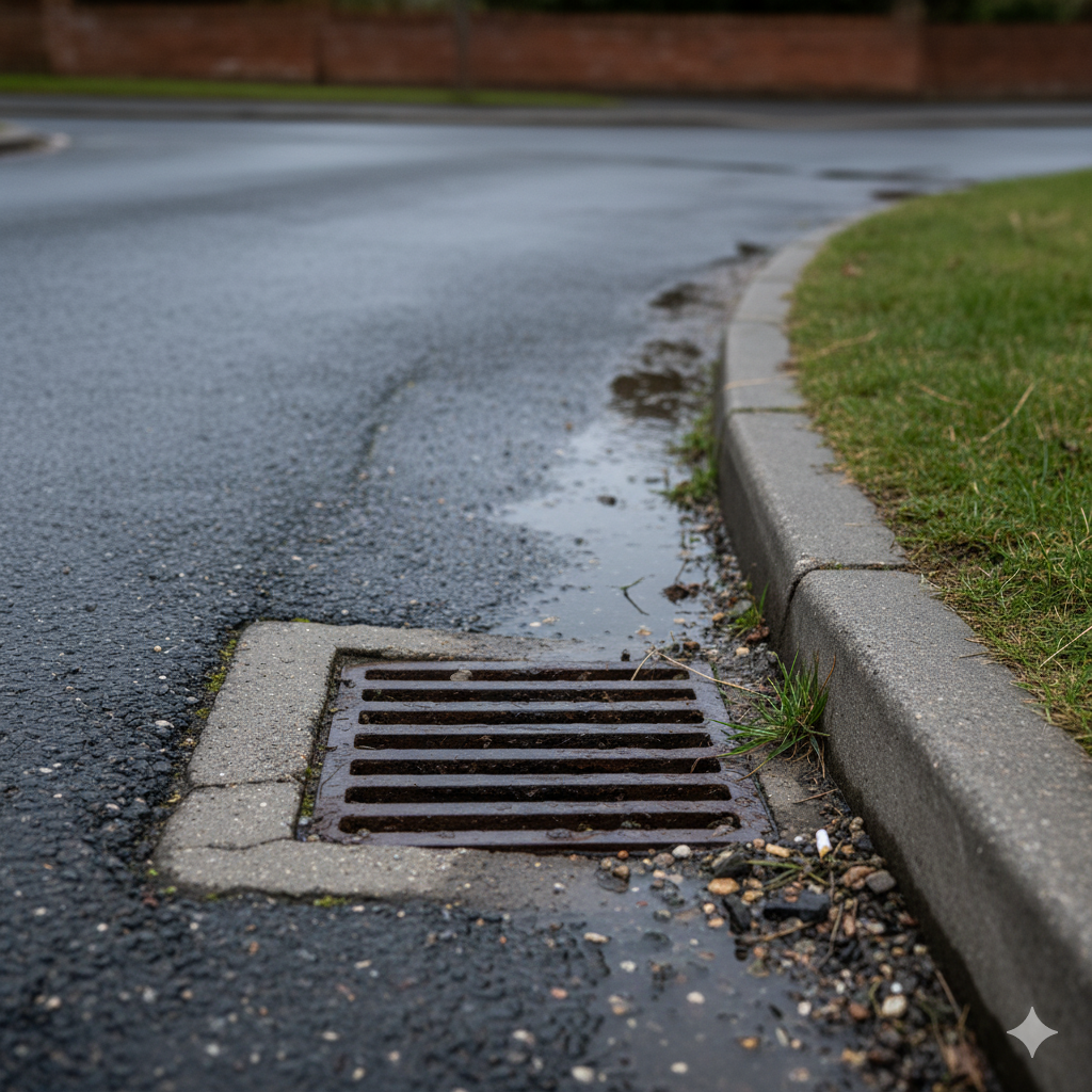 A metal storm drain grate sits at the edge of a wet asphalt road beside a concrete curb and a patch of grass.