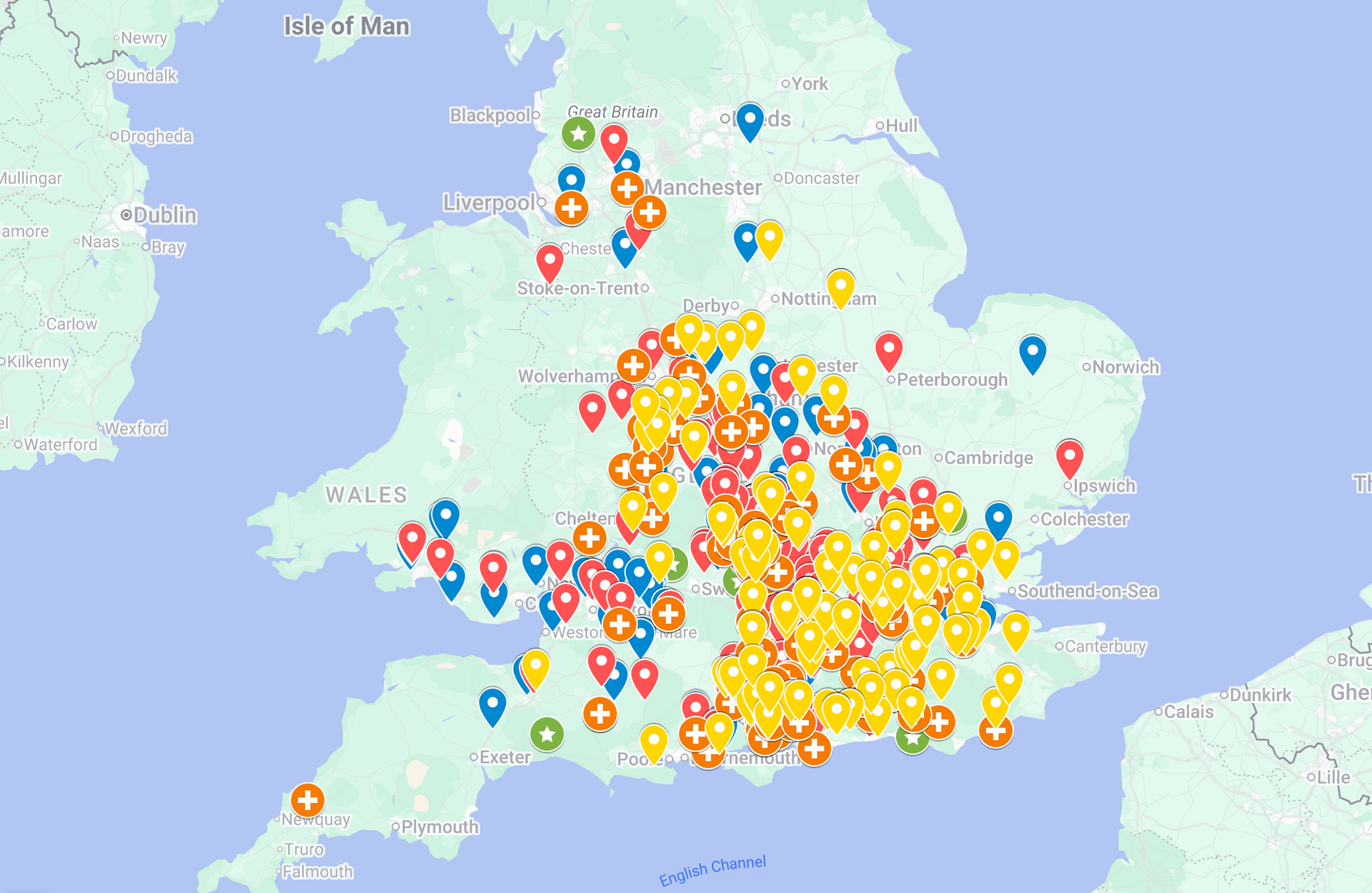 A map of England featuring clusters of colorful pin markers, with a high density of yellow pins across the southern regions.
