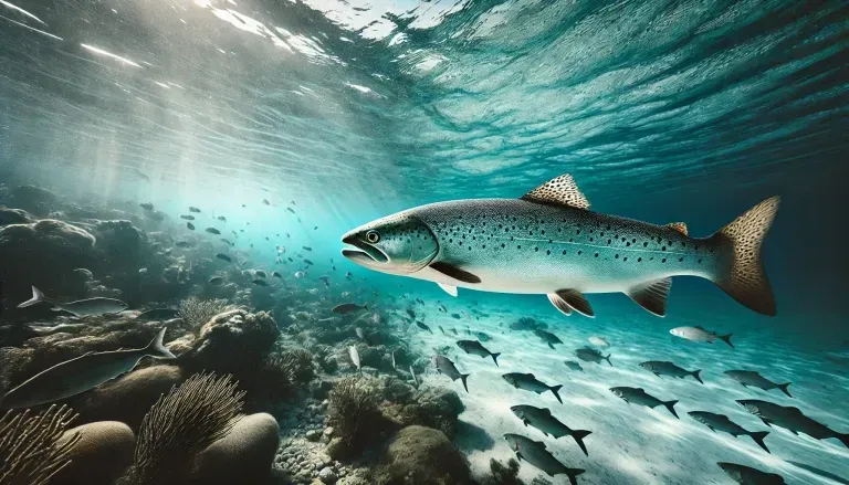 A group of fish are swimming in the ocean near a coral reef.