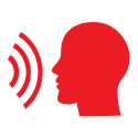 A red silhouette of a person 's head with a sound wave coming out of it.