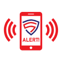 An icon of a cell phone with a shield and the word alert on it.