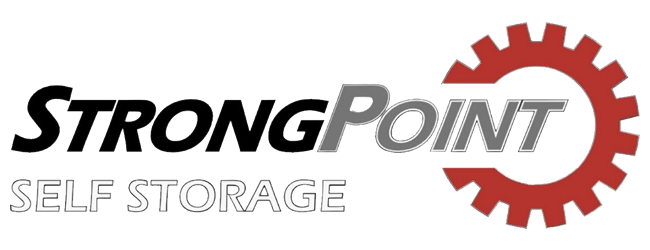 A logo for strongpoint self storage with a red gear