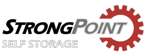 A logo for strongpoint self storage with a red gear