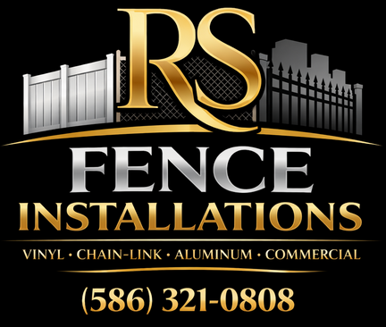 Logo for RS Fence Installations: gold and silver text with fence imagery. Includes phone number.
