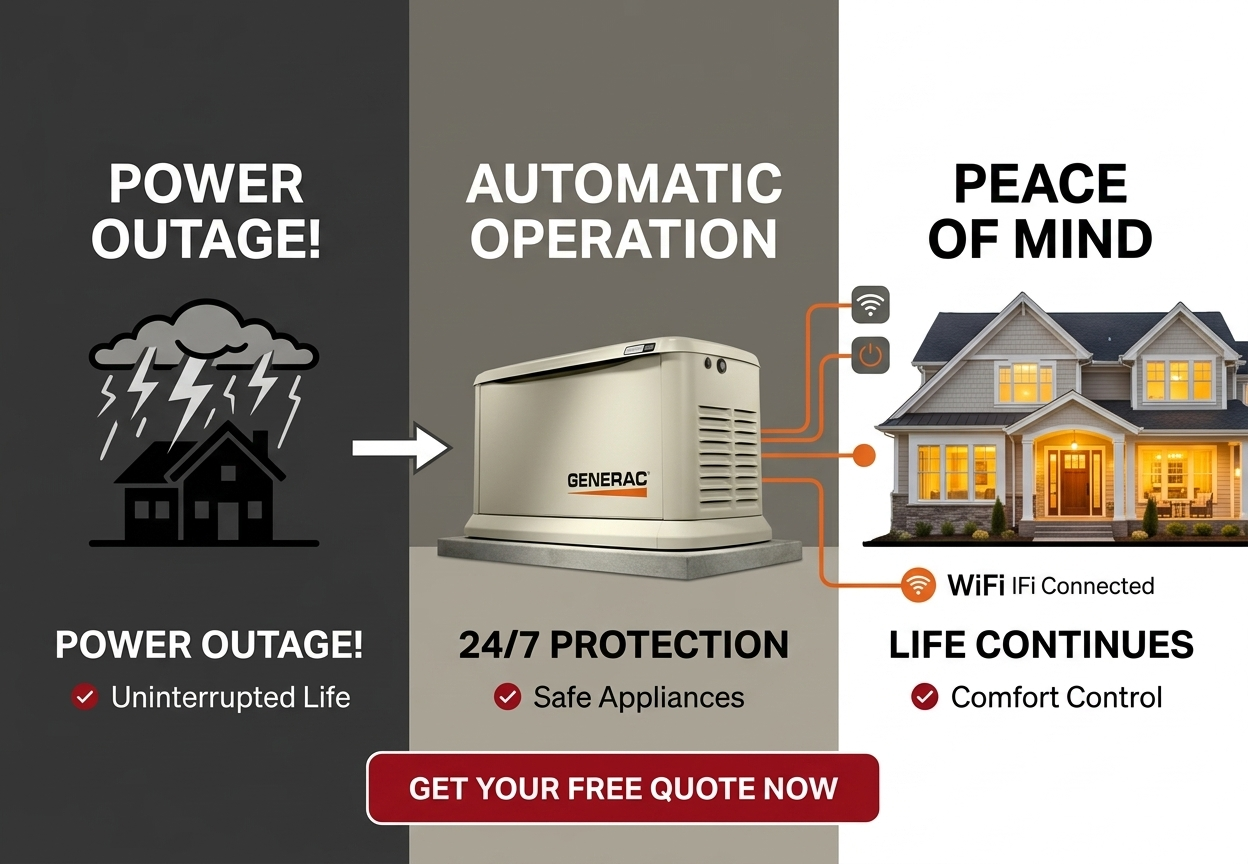 Generator ad: power outage, automatic operation, 24/7 protection, peace of mind for the home.