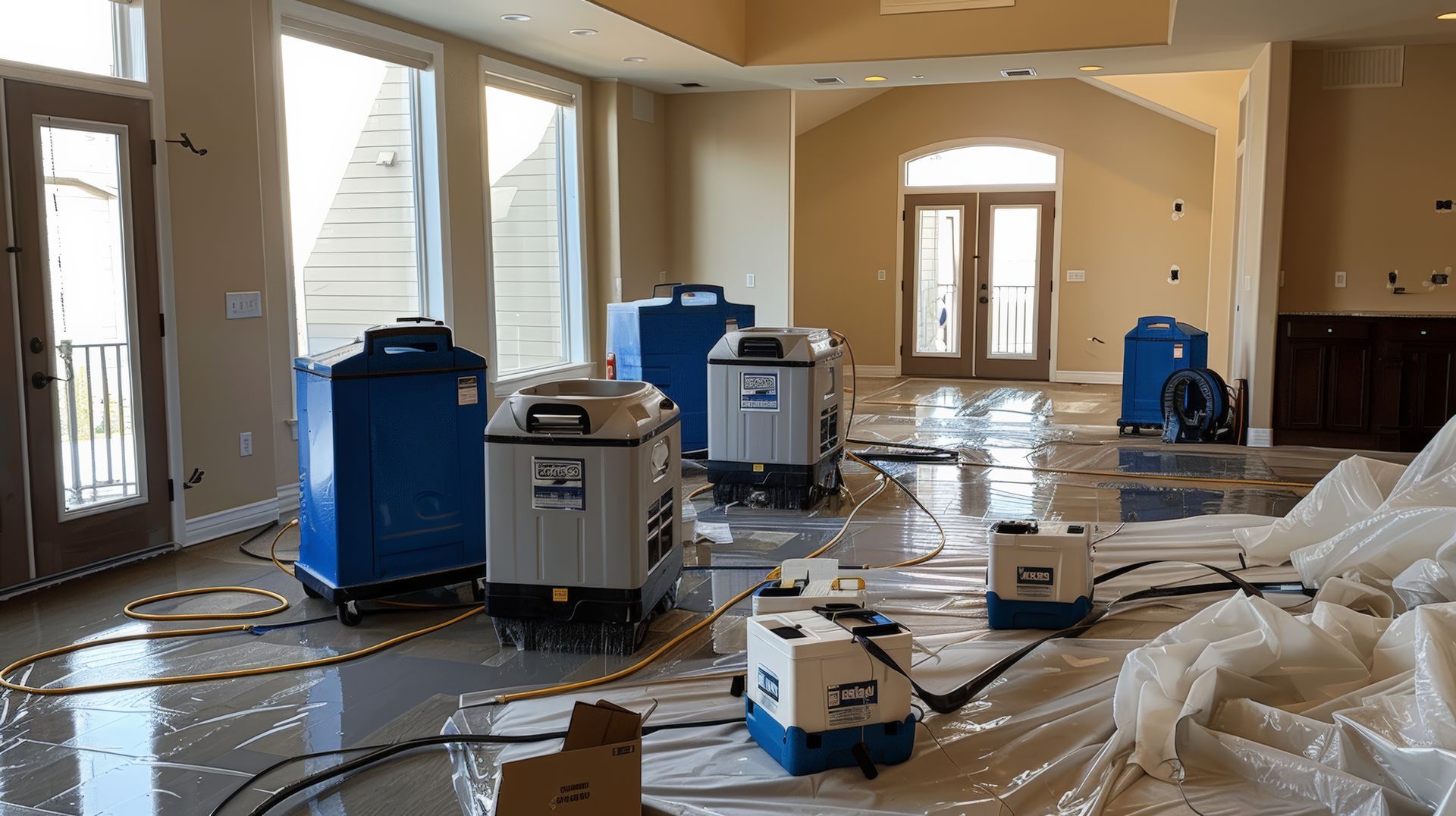 Residential water damage Restoration setup with air movers and dehumidifiers drying wet floors. Residential water damage Restoration setup with air movers and dehumidifiers drying wet floors.
