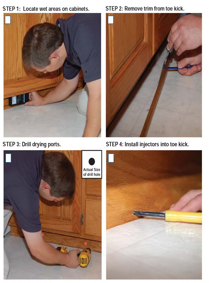 Steps for cabinet repair: man uses tools, black line, yellow handle, and wood.