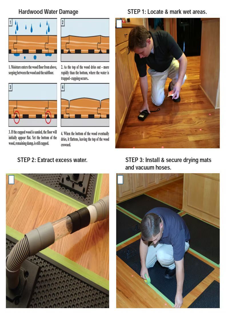 Hardwood floor repair steps: diagram of water damage and 2 men, one inspecting a floor, the other securing drying system.