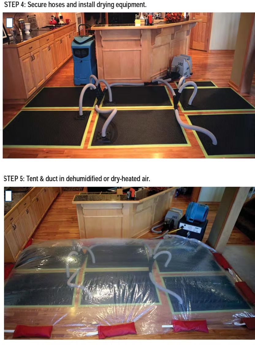 Two photos showing the installation of drying equipment on a wet floor in a kitchen.