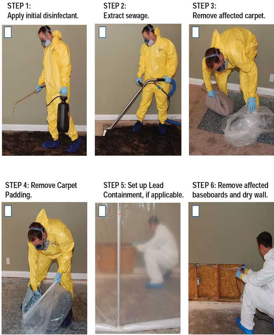 Six-step process: applying disinfectant, vacuuming, removing carpet, padding, setting containment, removing baseboards/drywall; people in protective suits.