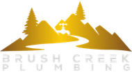 Logo for Brush Creek Plumbing: Golden mountains, trees, and faucet over a flowing water graphic. Gray text below.