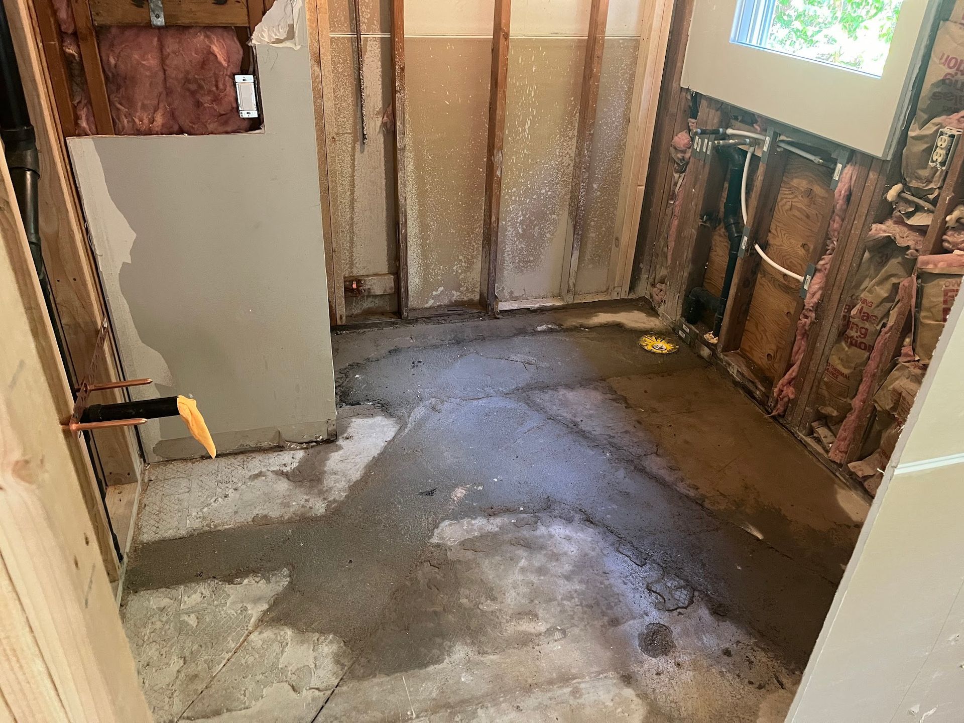 Bathroom renovation in progress: concrete floor, exposed framing, light gray walls.
