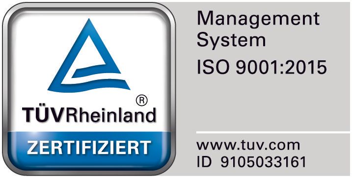 Ein blau-weißes Logo mit der Aufschrift „Managementsystem ISO 9001 2015“