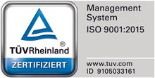 Ein blau-weißes Logo mit der Aufschrift „Managementsystem ISO 9001 2015“