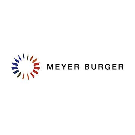 Ein Logo für Meyer Burger mit einem bunten Kreis in der Mitte.