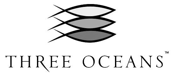 A black and white logo for three oceans with three fish on it