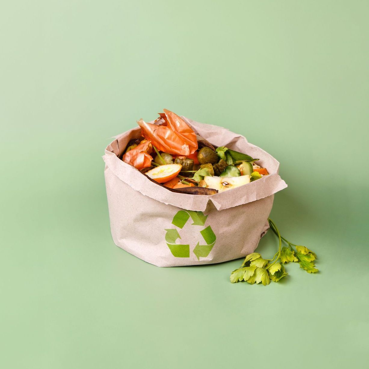 A recycling bag filled with fruits and vegetables on a green background.