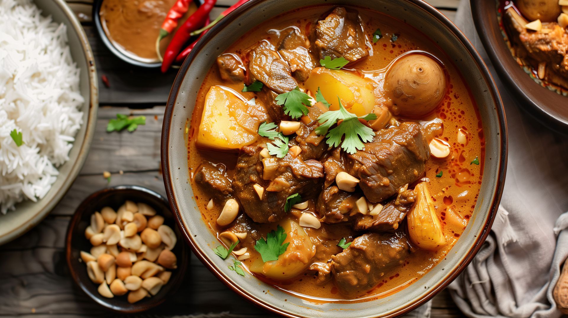 A bowl of beef curry with potatoes and peanuts on a wooden table.
