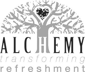The logo for alchemy transforming refreshment has a tree with a heart in the middle of it.