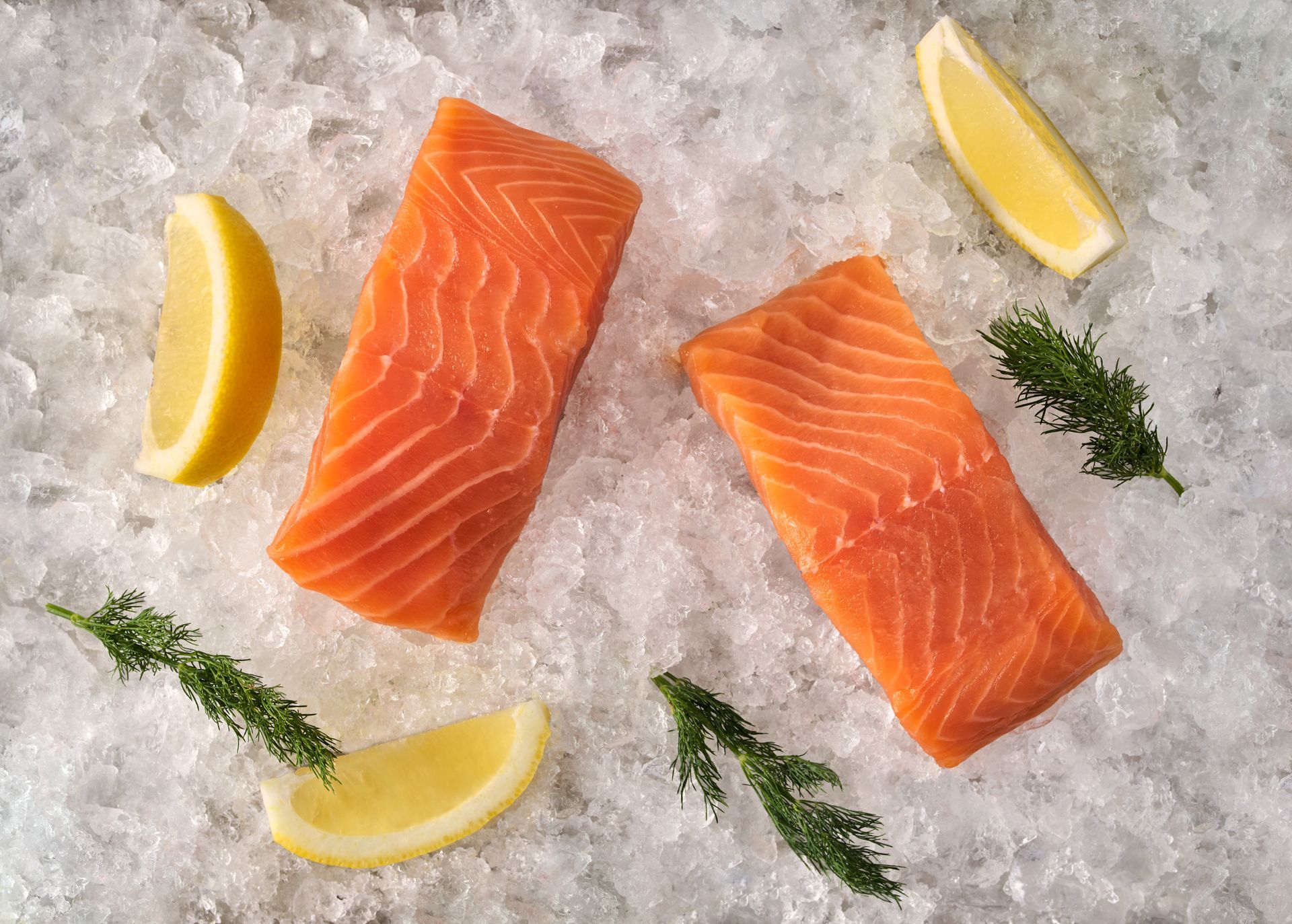Two pieces of salmon are sitting on ice with lemon slices and herbs.