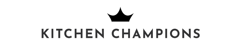 A logo for kitchen champions with a crown on it