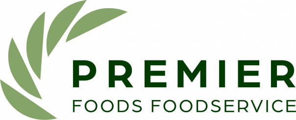 The logo for premier foods foodservice is a green laurel wreath.