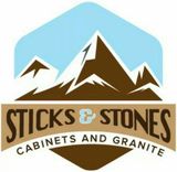Logo for Sticks & Stones Cabinets and Granite with mountains and text.