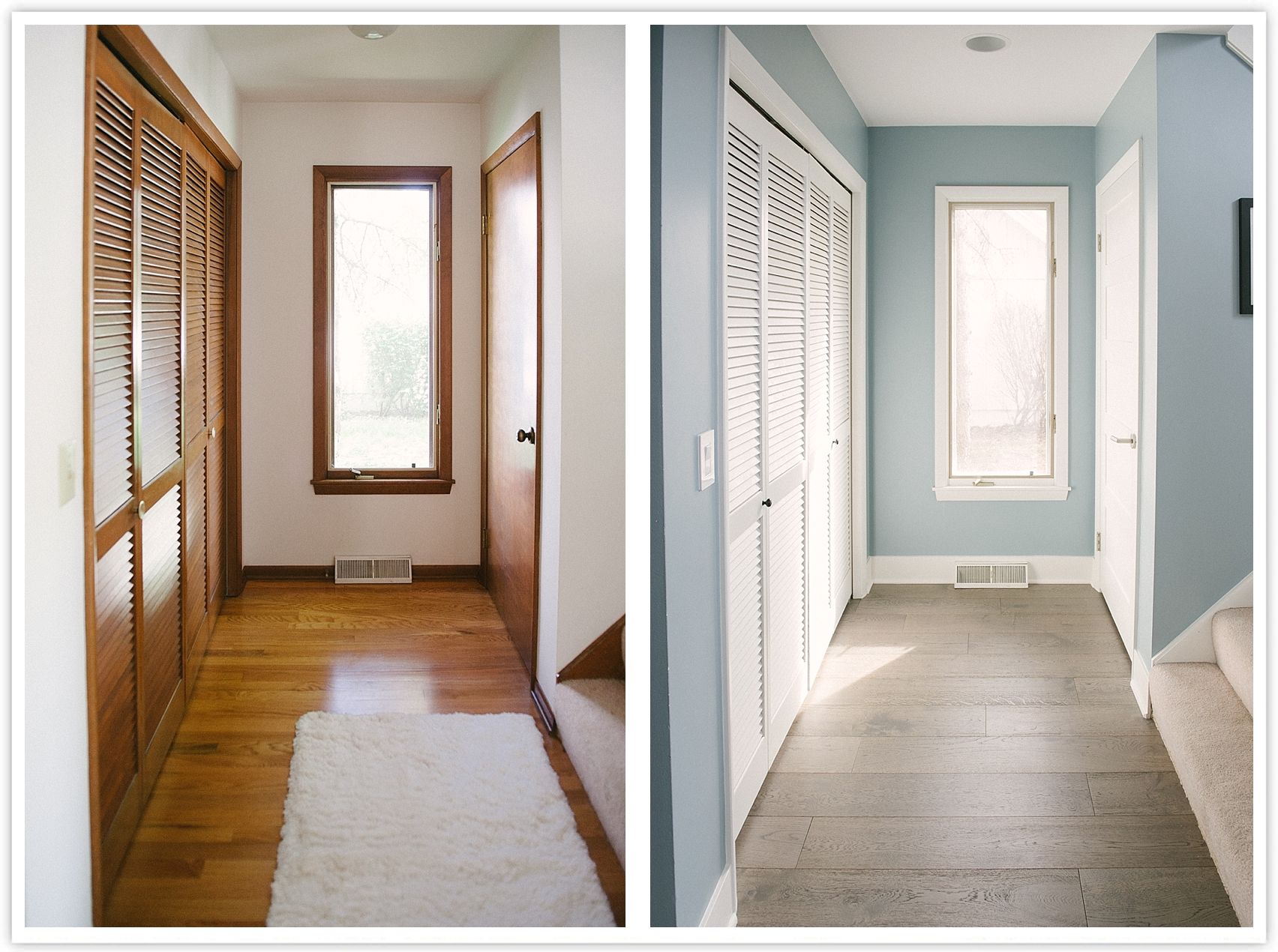 Hallway before and after renovation: brown wood vs. light blue walls, light gray floors, white closet doors.