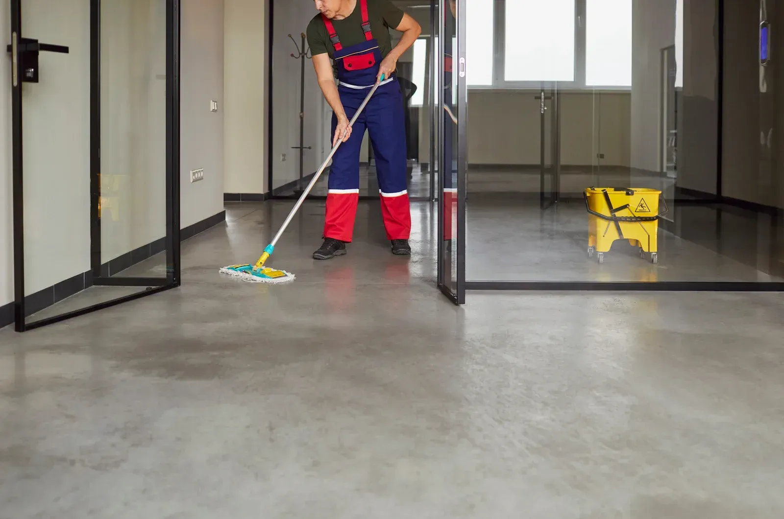 Person mopping a concrete floor in an office. A yellow bucket is next to the worker. Glass walls and a window are visible.