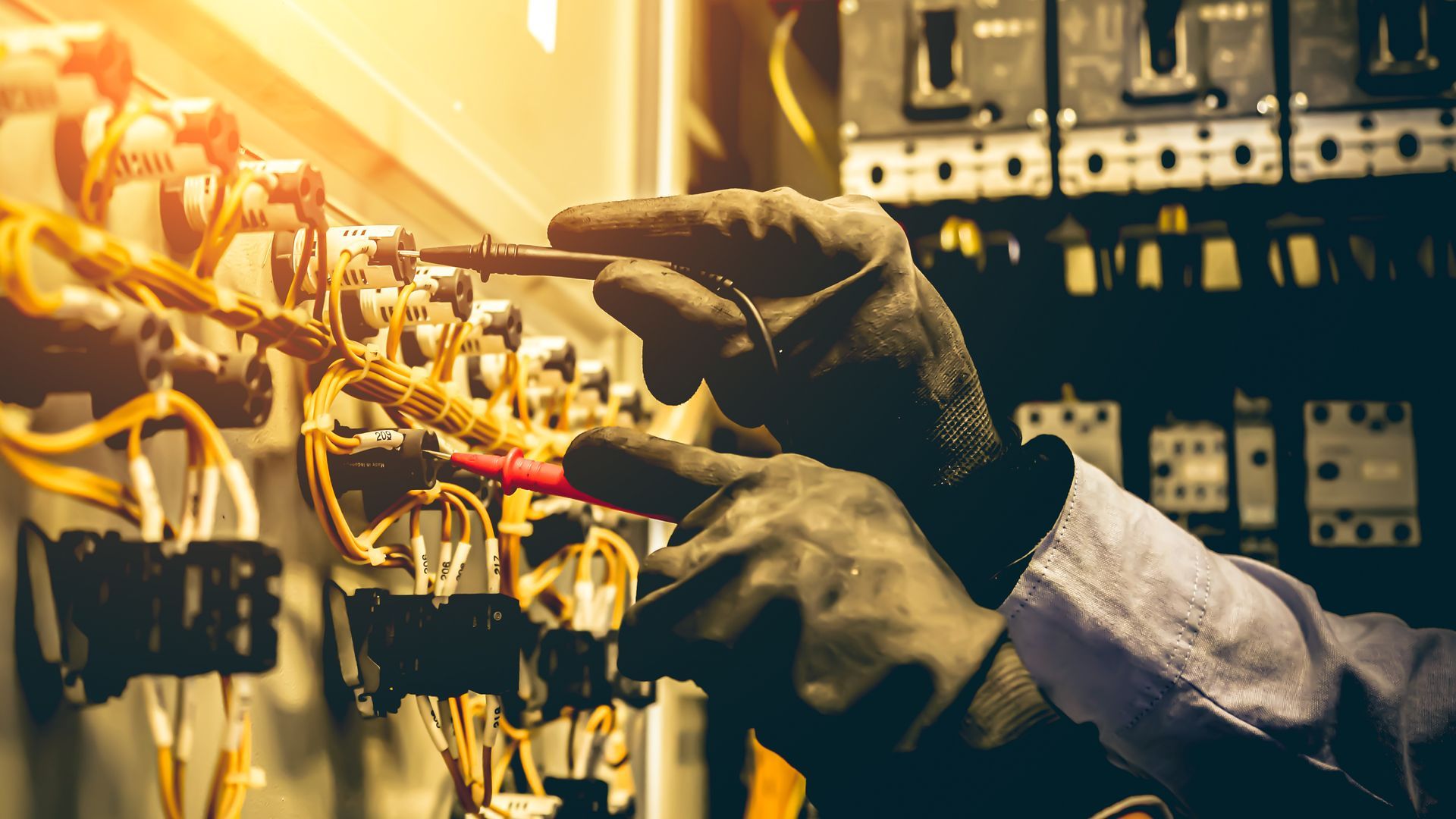 Electrician in black gloves testing wires with a multimeter in a control panel.