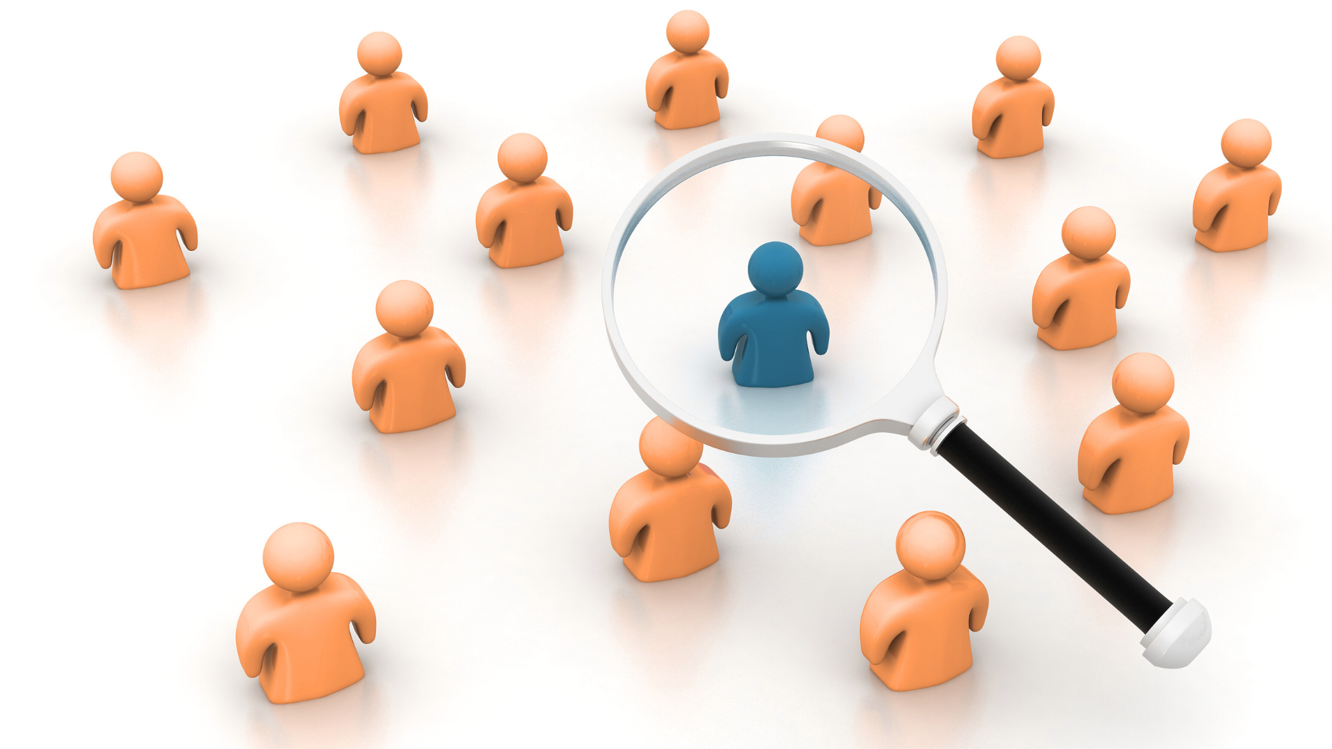 A magnifying glass is surrounded by a group of people.