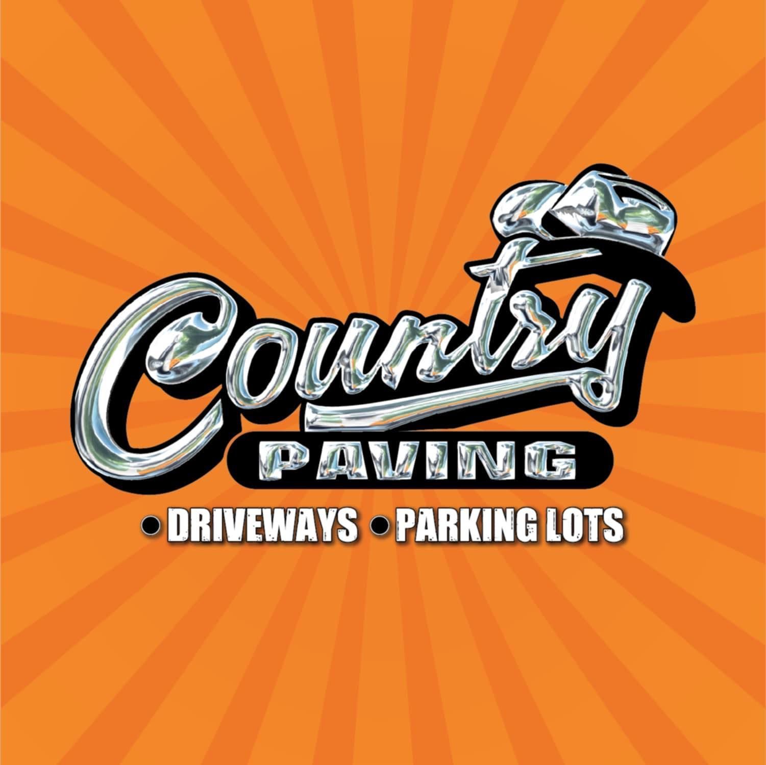 Logo for Country Paving with chrome text on an orange burst background. Services include driveways and parking lots.