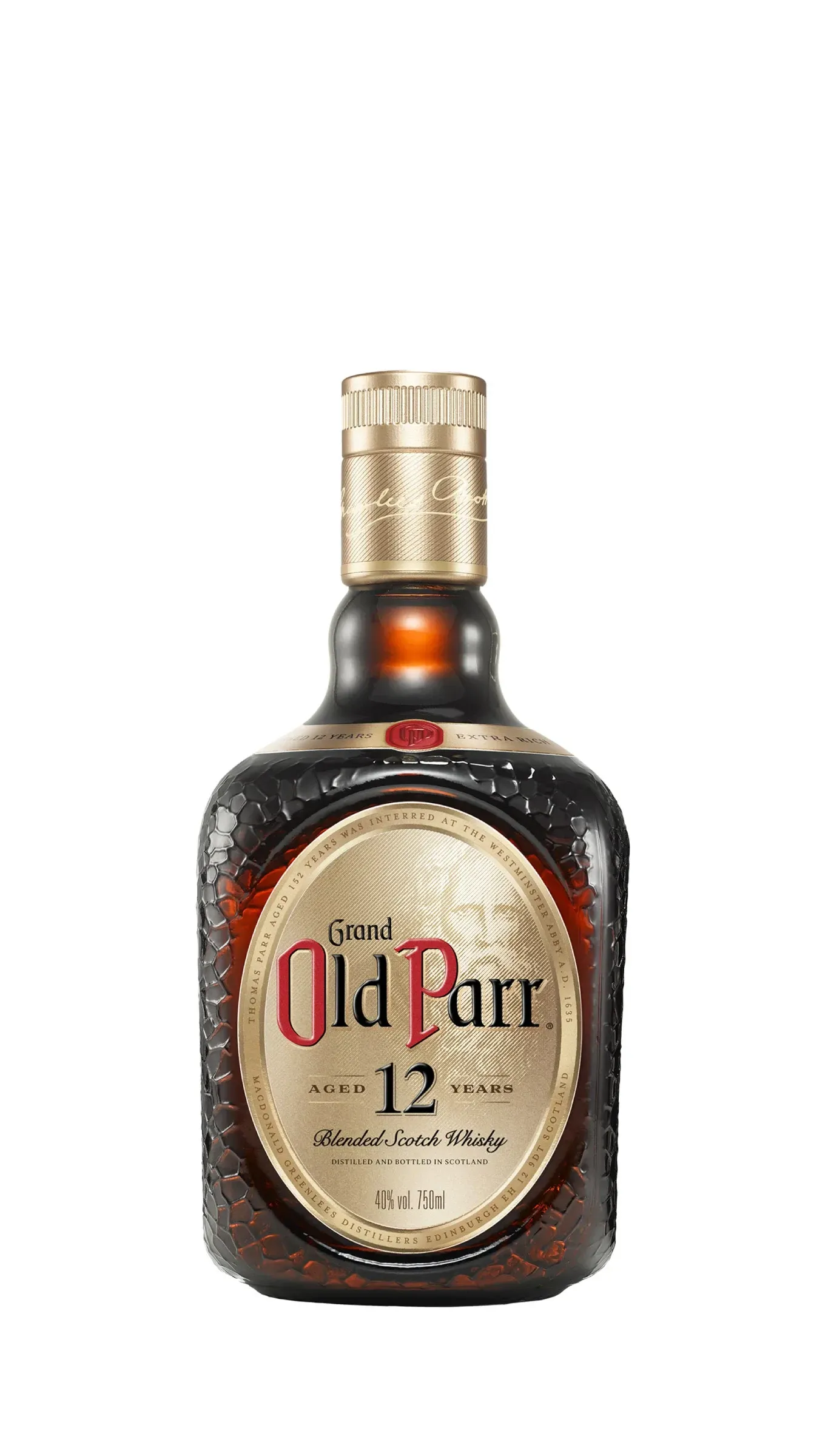 Botella de whisky escocés Old Parr de 12 años, de cristal marrón con etiqueta y tapón dorados.
