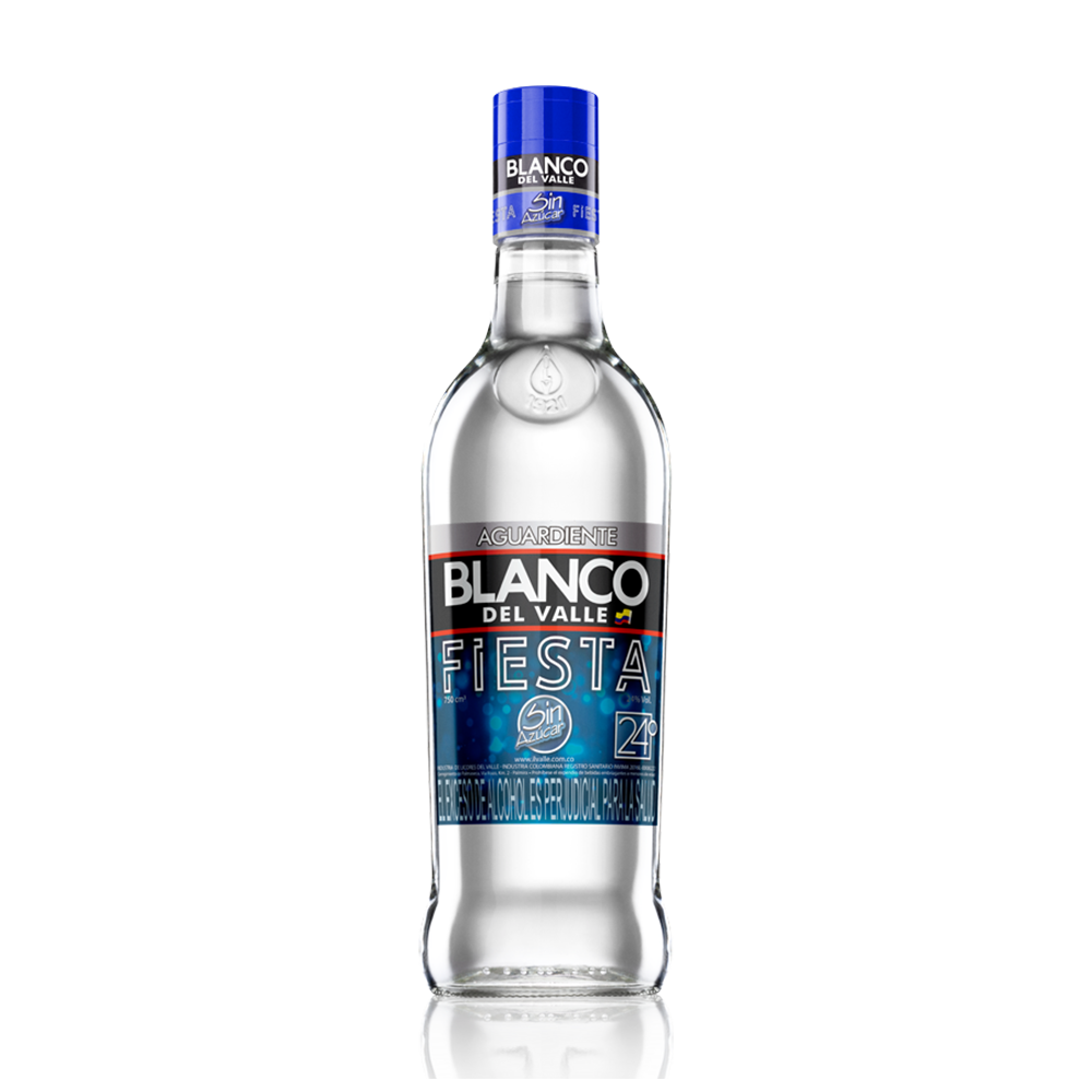 Botella de Tequila Fiesta Blanco Del Valle, vidrio transparente, etiqueta y tapa azul y blanca.