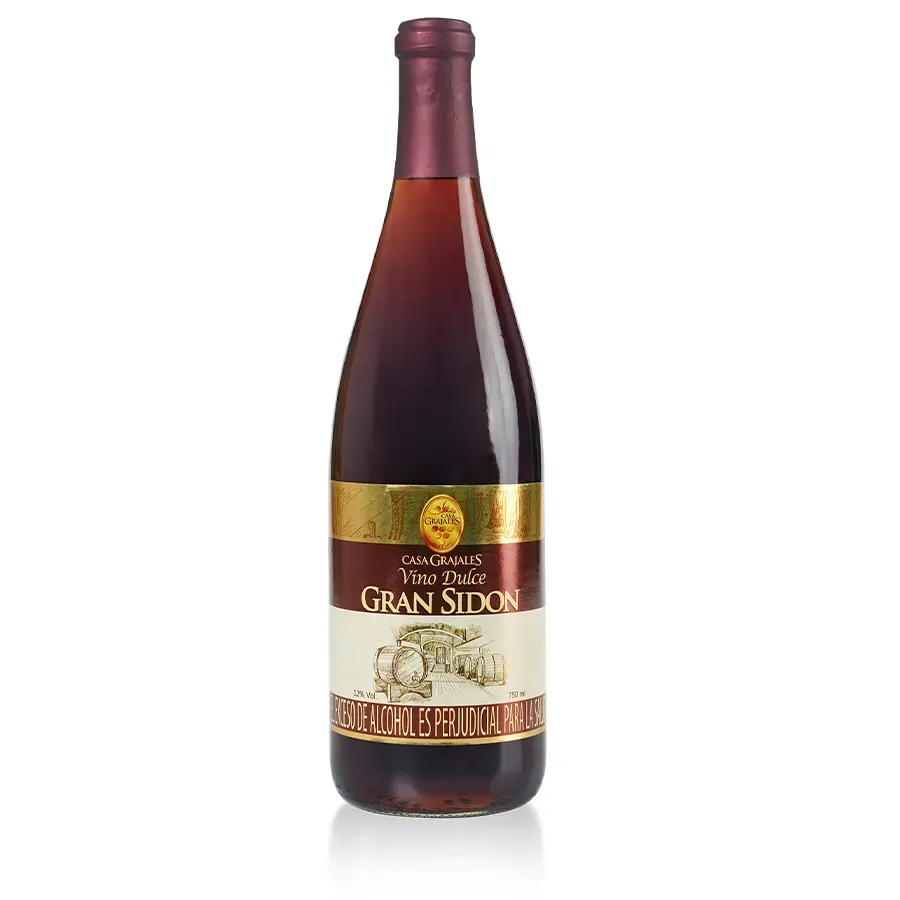 Botella de vino Gran Sidón, líquido rojo violáceo, etiqueta dorada y blanca con edificio ilustrado.