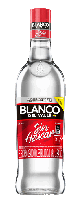Botella de ron “Blanco Del Valle” con etiqueta roja, resaltando “Sin Azúcar”.