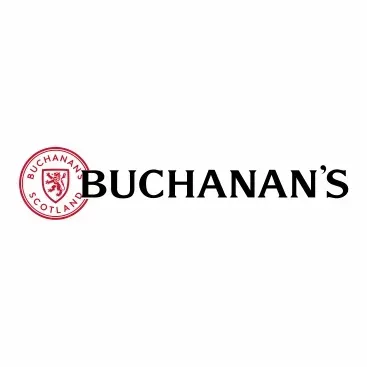 Logotipo del whisky escocés Buchanan's: un emblema circular rojo con un escudo y el nombre de la marca en negro.