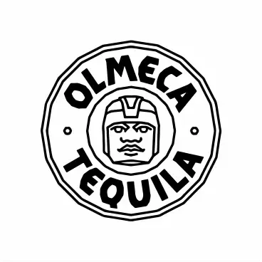 Logotipo de Olmeca Tequila: emblema circular con símbolo de cabeza olmeca y texto 