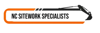 Logo for NC Sitework Specialists, featuring text within an orange and black rectangle, with an excavator icon.