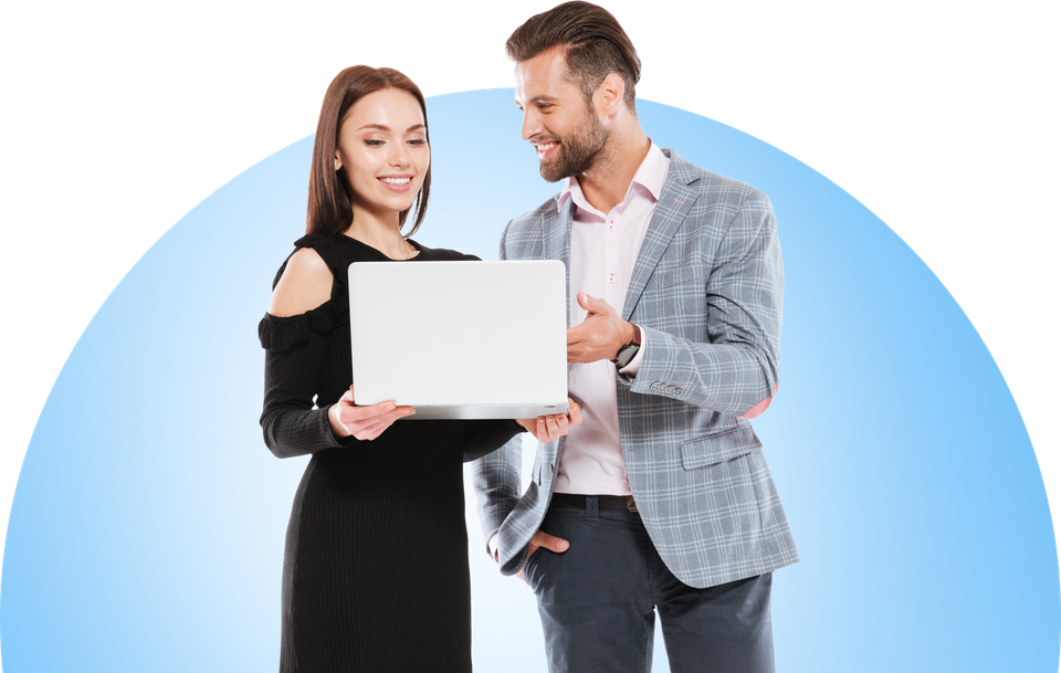 Woman and man looking at a laptop, smiling. Blue gradient background.