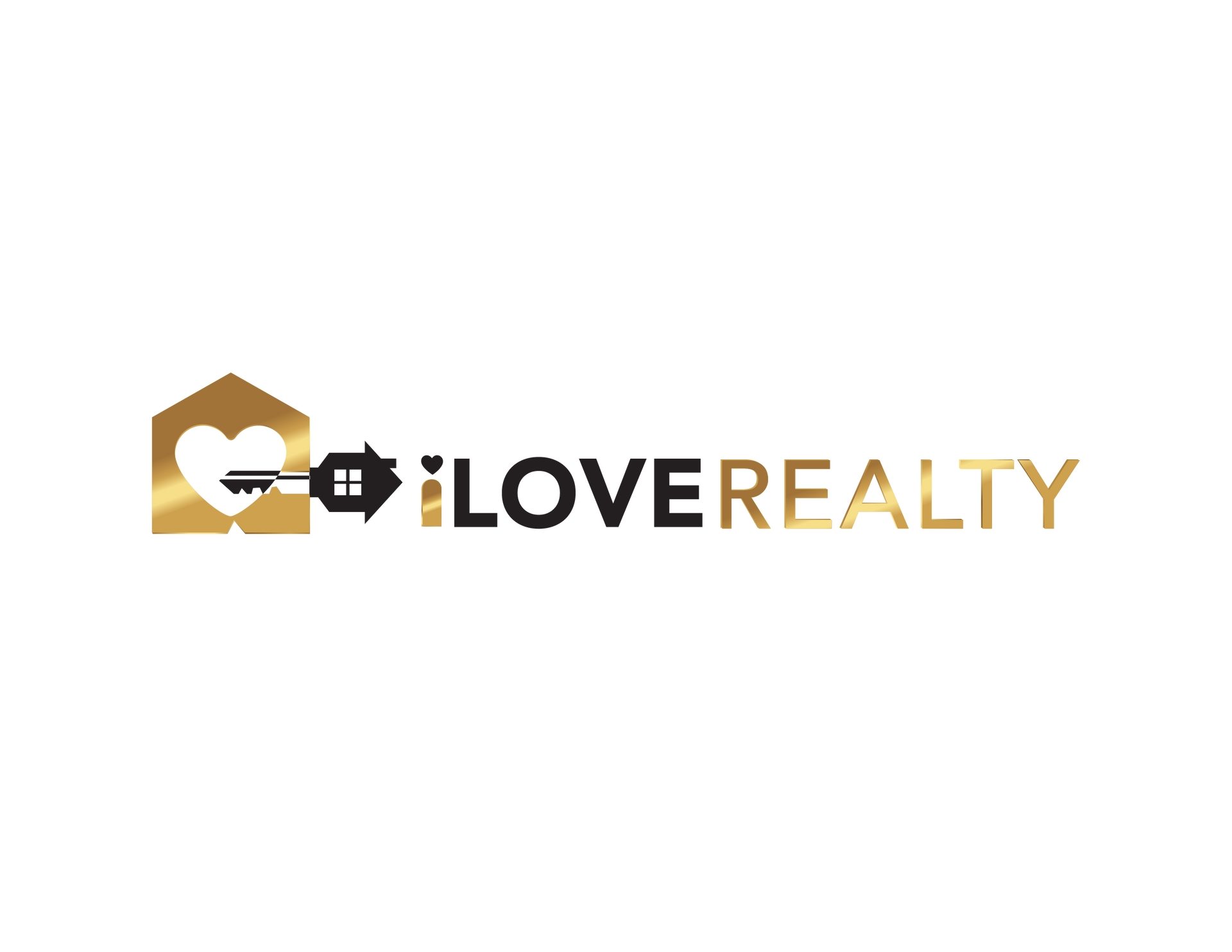 Real estate logo with house key, heart, and “i LOVE REALTY”, contact info.