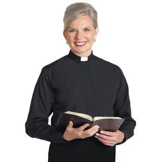 An Image of a woman wearing long sleeve clergy shirt/tab collar at Saving Grace Christian Bookstore
