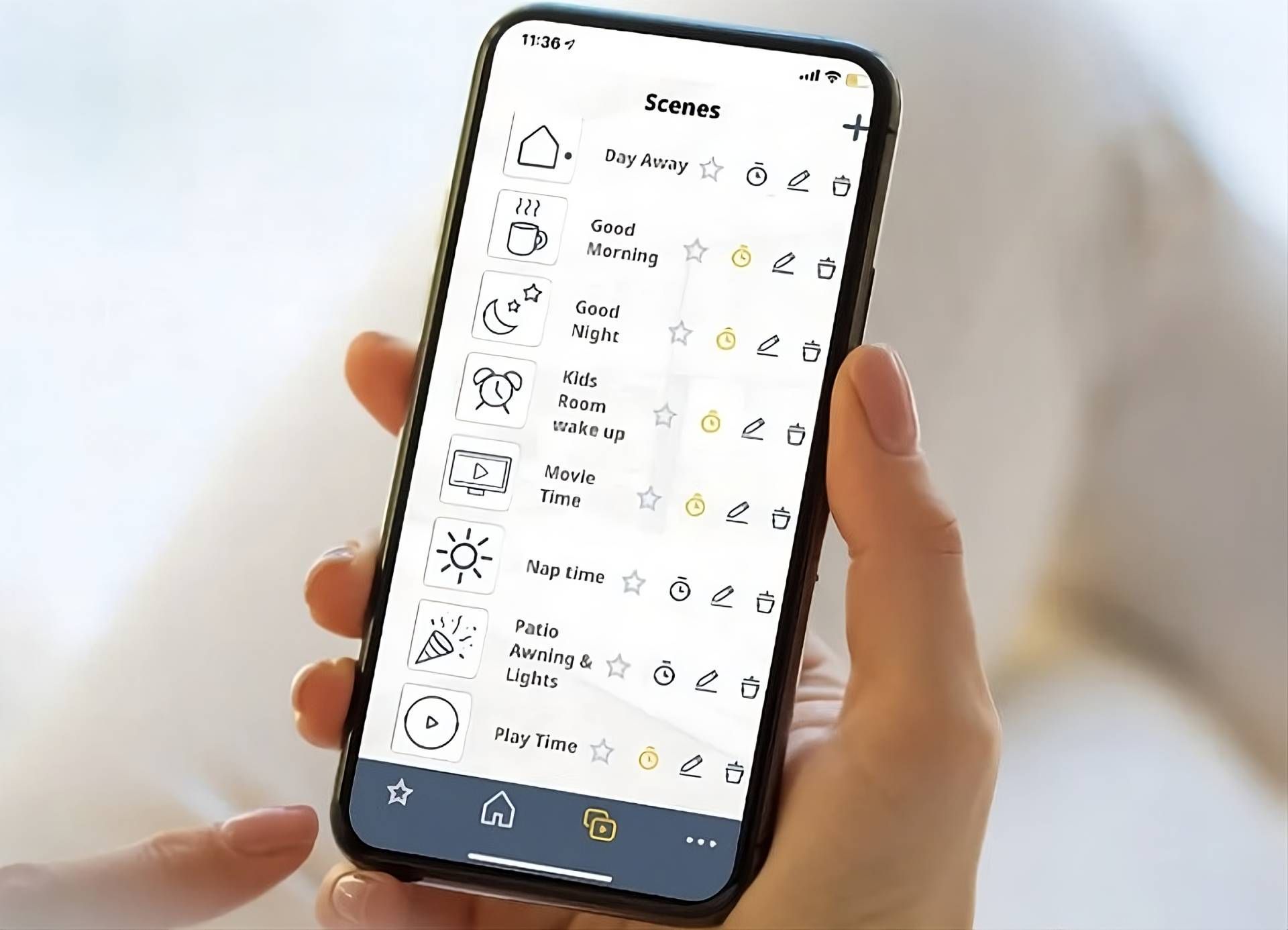 The Somfy® app with several rooms and options listed for control 