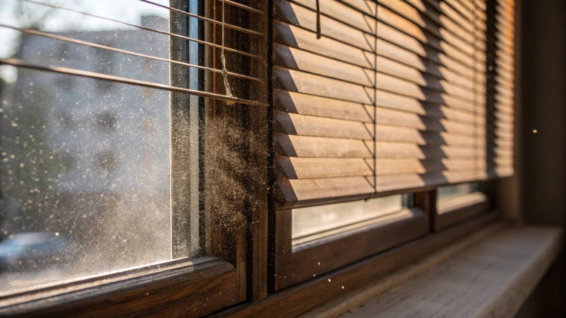 Two sets of wooden blinds with sunlight streaming through one set near Norfolk, Nebraska
