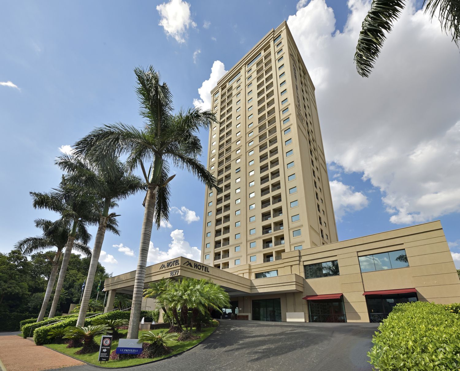 Um edifício alto com palmeiras na frente