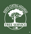 North Central Arkansas Tree Service logo: white tree, person in tree, text on a green background.