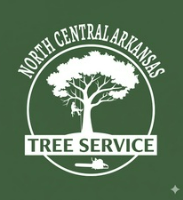 North Central Arkansas Tree Service logo: white tree, person in tree, text on a green background.
